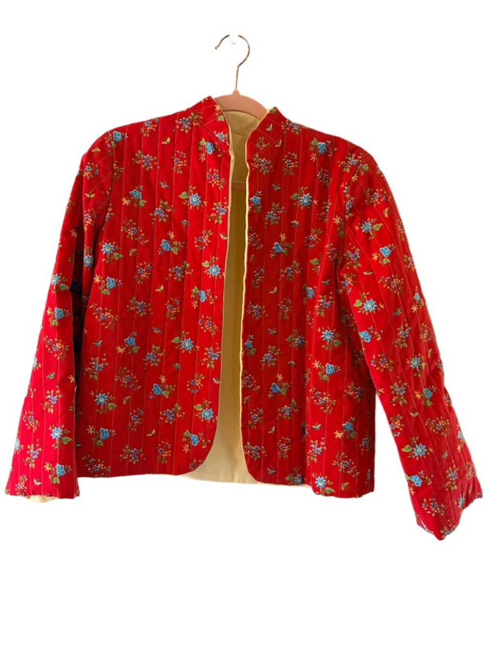 Red floral quilted open jacket size M